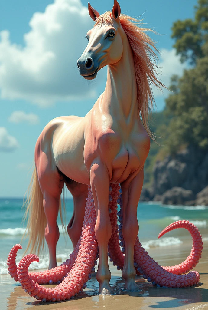 Male , white body, white skin, equine, anthro unicorn, Muscular, femboy, solo, thin waist, small waist, hand on waist, thick thighs, round ass, hourglass figure, pink hair, high heels, soft chest, smile, seductive pose, naked, horse penis, balls, submissive, presenting butt, back view, looking back at viewer