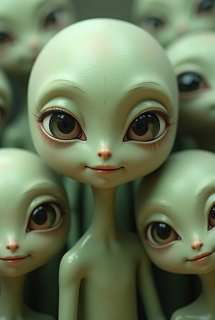 (((Masterpiece))), (high quality),(one alien girl:1.2), 15 years old,(innocent smile),(big light black eyes:1.5),5 heads,(Skinhead,Gray aliens,Large, dark, almond-shaped eyes,:1.5),(No hair, no whites, no ears:1.5),Wearing a silver body-fitting suit,Plain background,(looking away,from below:1.5)