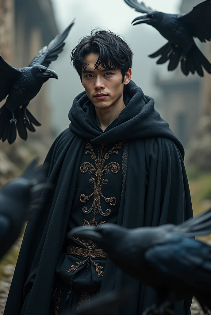 A 32-year-old man,  short hair small laugh, Wizard of the Ravens , delgado, dark clothes, In the medieval style , 