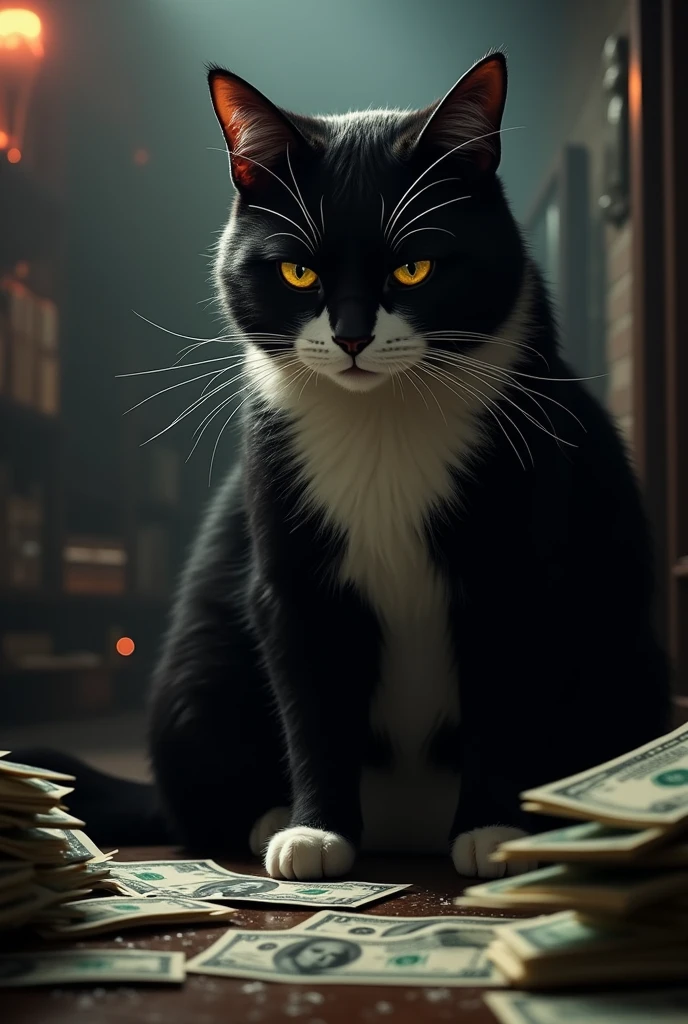 Create an image of a black and white gangster cat with a lot of money