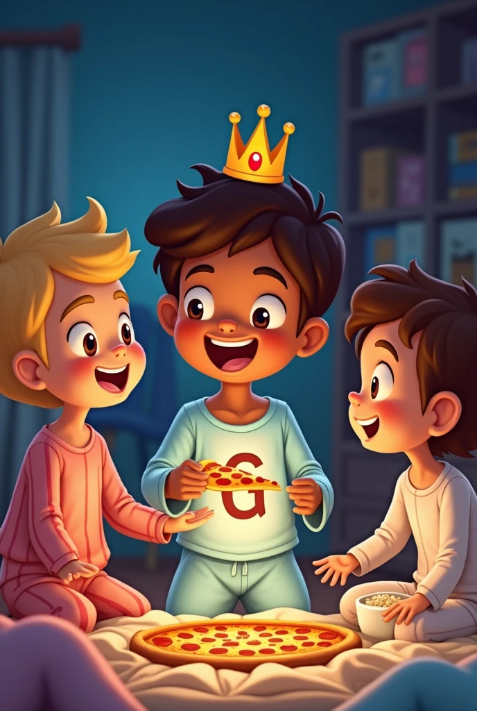 Boys sitting cross-legged with a crown and white background
