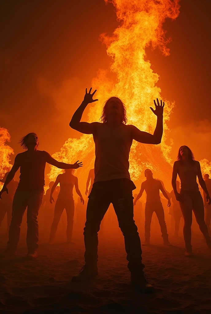 Black women dancing around fire and smoke with a nedium sized White male wearing a velvet suit with a velvet top hat doing Voodoo in the desert with lighting 