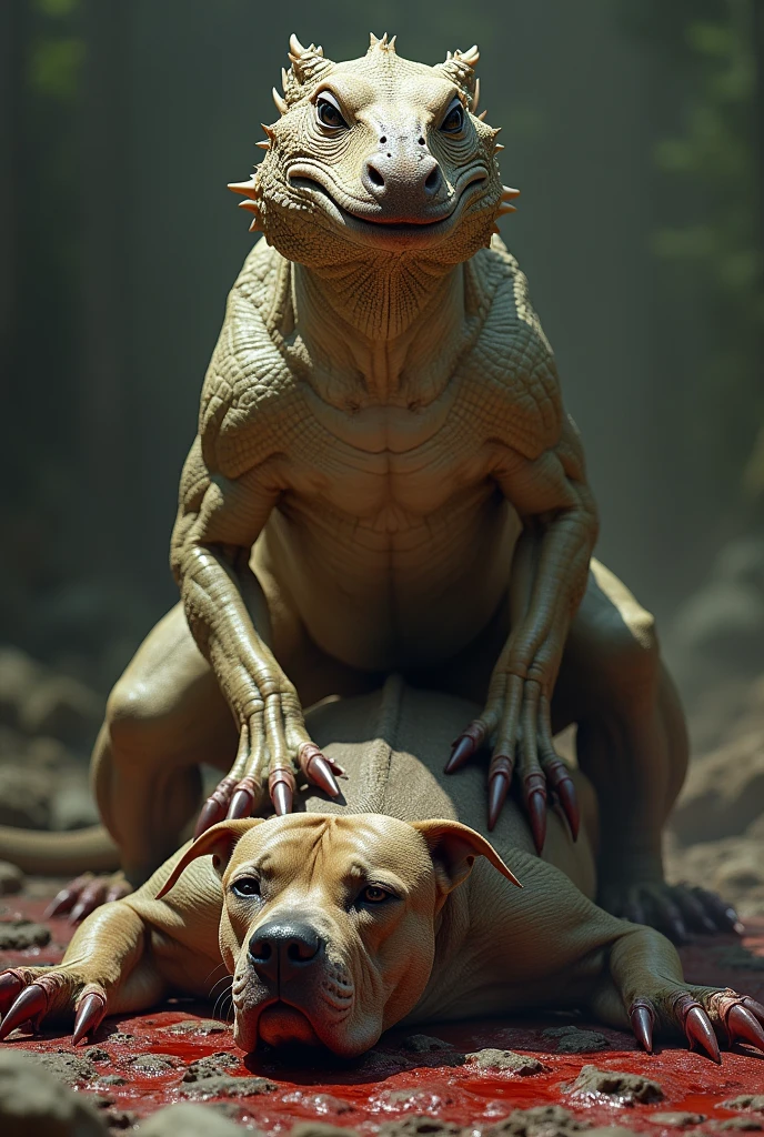 ((((realistic, photorealistic, photo, photography, 8k uhd, ultra-detailed, feral, standing on all fours)))), hyper realistic, terrordog, feral, thick thighs, realistic, detailed background, dark skin monster, claws, (short tail:0.8), (((((duo, faceless human, standing on all fours, in pain, Teats, lactation, paws, pov, close up, anal fisting)))))