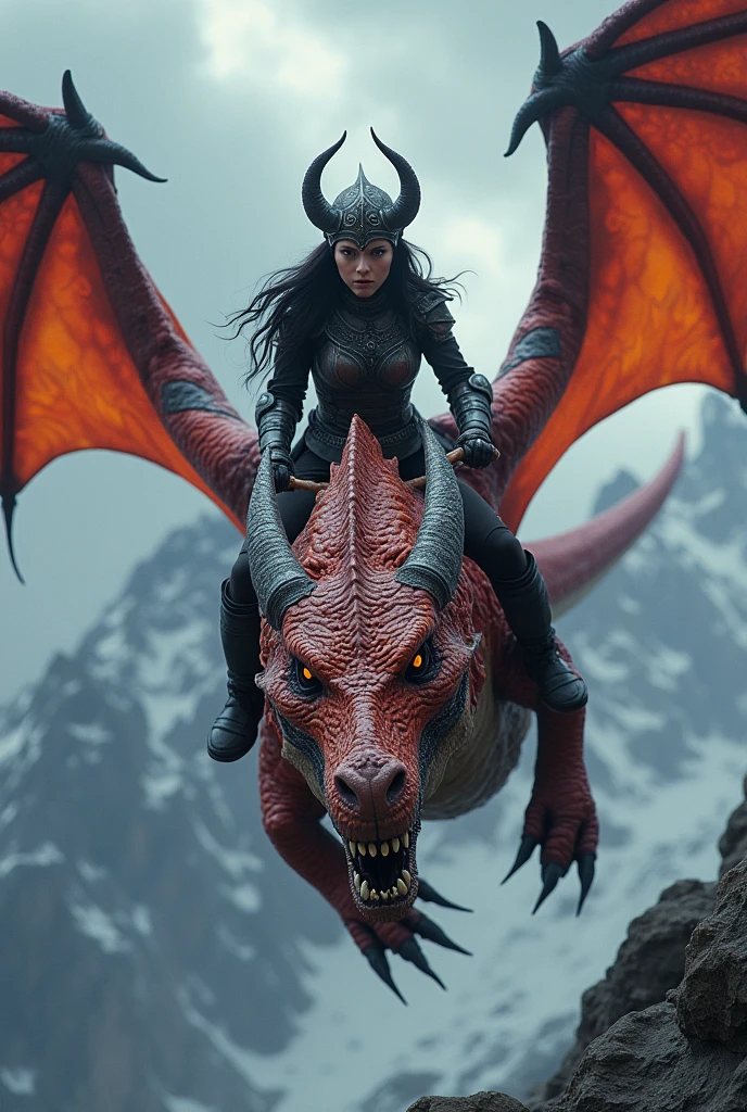 a female vampire warrior riding an evil dragon, highly detailed, detailed facial features, dramatic lighting, dark fantasy, gothic, cinematic, dramatic colors, digital painting, intricate details, cinematic composition, realistic, photorealistic, masterpiece, best quality, 8k, hyper detailed