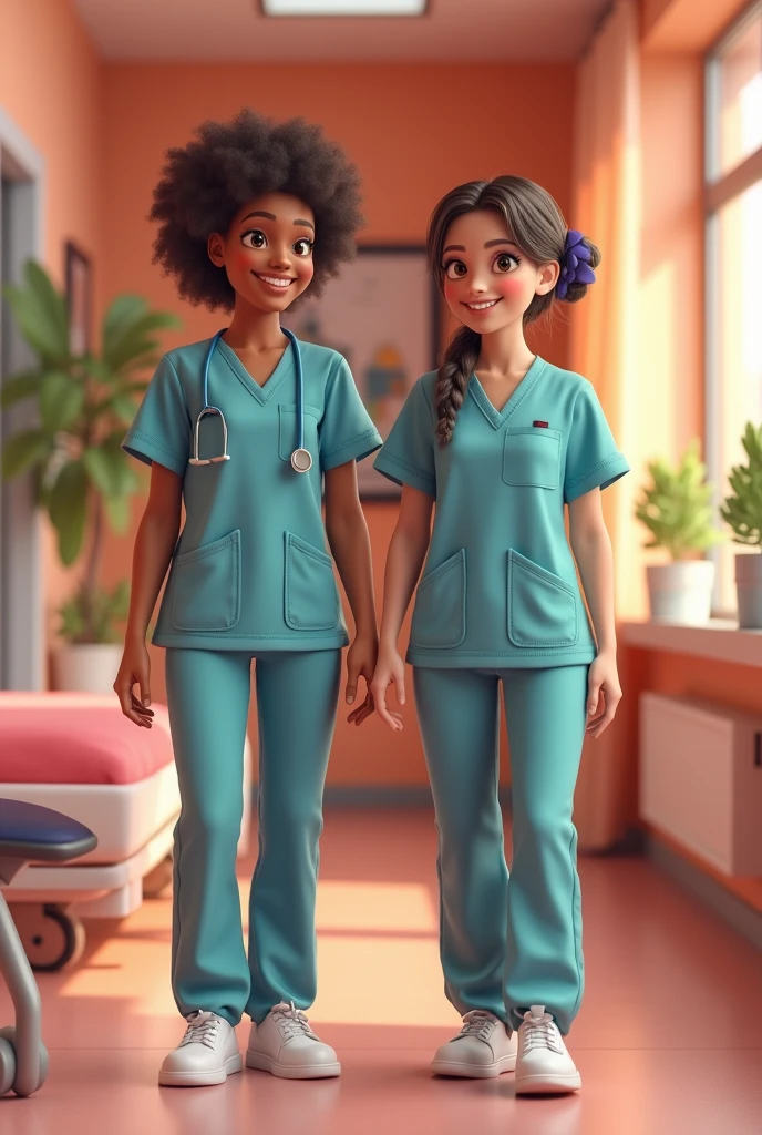 Two elementary school teachers in biology class, the first teacher in a white coat and a moss green shirt with long batwing sleeves, and jeans pants, Her skin is white, her nose is turned up, her lips are pink, her lower lip is medium thick, and her upper lip is small., medium light brown eyes, bushy eyebrows and long straight hair and the other teacher had light brown skin, dark brown round eyes, lips shaped like a cupid's bow medium thick, round nose with a tip dressed in a white coat with a short light blue dress with white dots and a sweetheart neckline with a ribbon, the color of her dark brown curly hair with a smile, and say biology , the animated image