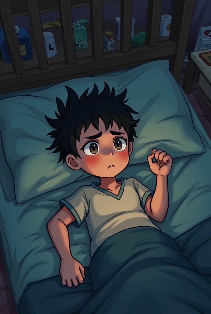(((anime style, cel shaded, a young boy lying on a bed with wrists and ankles tied to bedposts using metal cuffs))), vulnerability, soft rumpled sheets, dimly lit room, tension, shadows playing across the scene, (((partially clothed in baggy dungarees))), expression of discomfort or anxiety, simple surroundings with soft lighting, focus on the person and situation, detailed and cinematic