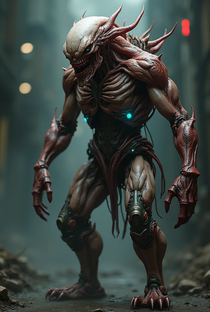 concept art concept art, rendered in unreal engine 5, (intimidating design), biomechanical humanoid, flesh and , body horror . digital artwork, illustrative, painterly, matte painting, highly detailed