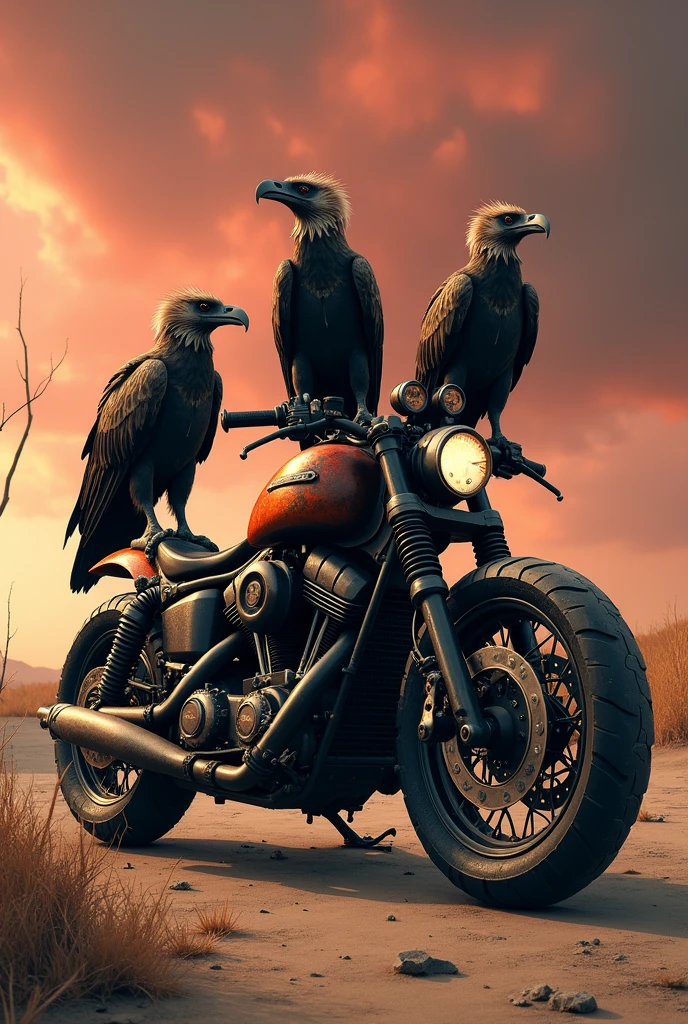 Old bobber motorcycle in the desert, with a bloody skull and a crow, full moon