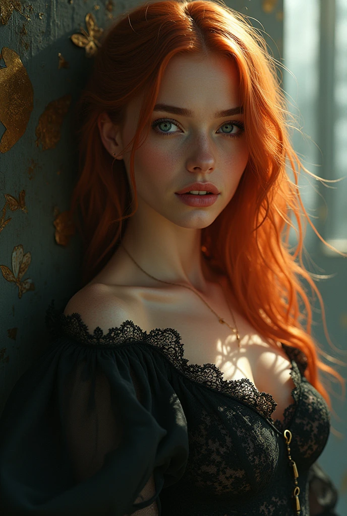 White-skinned redhead woman with the prettiest nose, blue and purple eyes with a small butterfly tattoo on her neck, opening her legs in a miniskirt