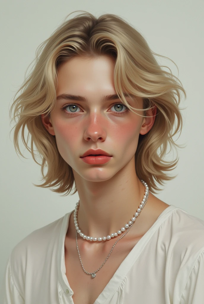 Manhwa digital art minimalist oil semi realistic painting: young guy blond hair long wavy hair Pale skin tiny nose thin face blue eyes Wears Pearl Necklace 20 years old capricious
