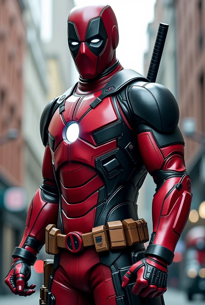 2099 Deadpool photo, biomechanical, complex robot, full growth, hyper-realistic, insane small details, extremely clean lines, cyberpunk aesthetic, a masterpiece featured on Zbrush Central