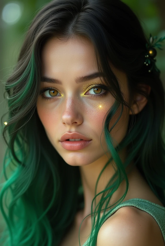 beautiful girl, with bright makeup, studies in the Slytherin house, Divine Beauty, conjures, Waist-length photos, hyperrealism, FANTASY ART, Surrealism, fairy tale