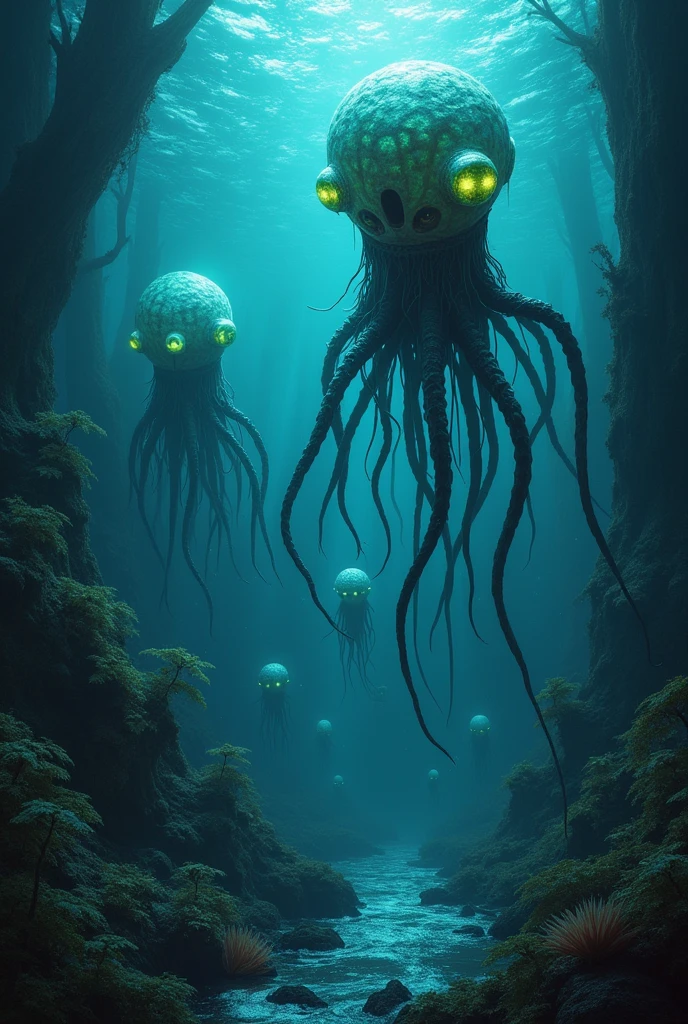 (Translucent Alien), walking, hands and feet, big eyes, water monsters, (humanoid), light, blue light, jellyfish, ocean, aquatic plants