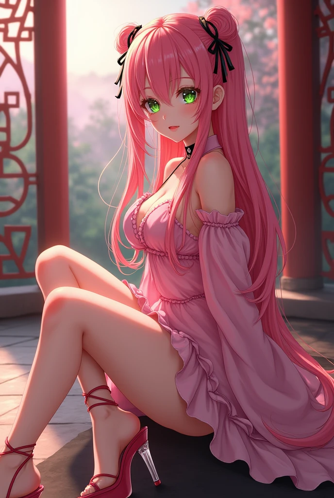 masterpiece, best quality, official art, 8k wallpaper, highly detailed, illustration, 1 girl, black wavy hair with red highlights , long hair, detailed red eyes, forrest, bare shoulders, hanfu,lakes, pure, soft smile,bamboo,Tea