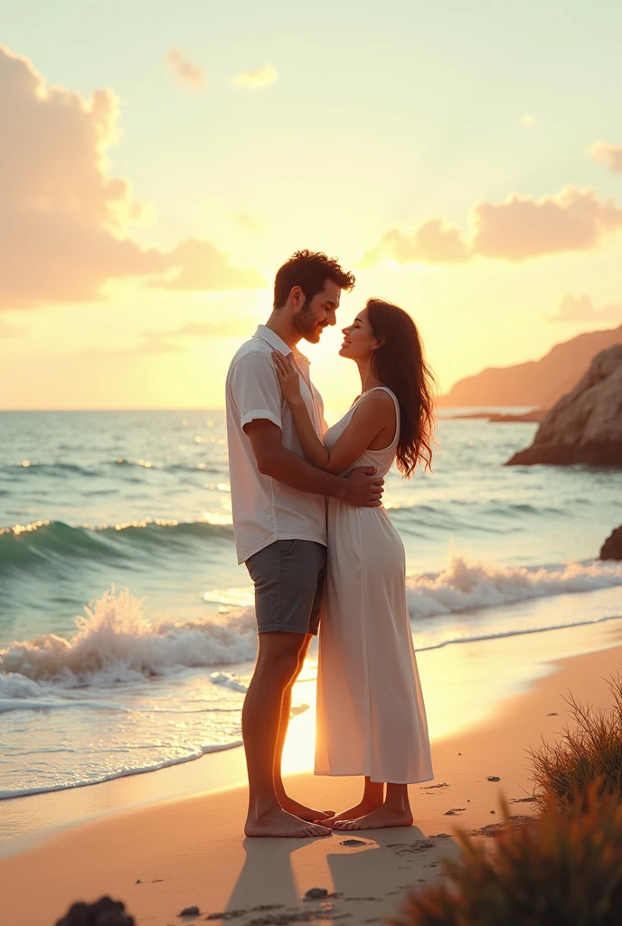 The scene is bathed in the warm glow of the setting sun, casting long shadows across the golden sand dunes. A young couple, possibly in their late twenties, stands embraced at the peak of a dune, their silhouettes stark against the fiery orange sky. The woman throws her head back in laughter, her hair catching the last rays of sunlight. The man leans in, his smile barely visible, a single hand cradling her cheek. Their clothing is simple - the woman in a flowing white dress, the man in a linen shirt and rolled-up chinos - yet they exude an aura of timeless elegance. The wind whips their hair and clothes, adding a dynamic element to the composition. In the distance, the vastness of the ocean stretches out, its surface shimmering with the reflection of the setting sun. The focus is sharp on the couple, their love palpable, while the background fades into a dreamy haze, creating a sense of intimacy and isolation in the vastness of the landscape.