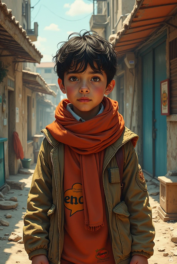 portrait of an young brazilian boy leaning againg a city of destroyer, clear facial features, cinematic, 35mm lens, f/1.8, accent lighting, global ilumination, blue shirt with red stripes. blue cape. ooking in the mirror --auto --s2