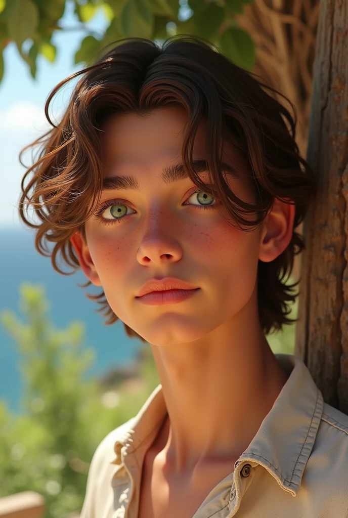 peter pan teen boy, dreamy teen boy, dreamy, majestic, brown short medium wavy hair, tiktok hair, detailed hair, skinny teen boy with defined lean body, standing on a rock, far from camera, shot from below, lower angle shot, whole body visible in camera, braces, age 15, 15 years old, bare feet, wearing long sleeveless t-shirt with dropped armhole, hands behind head, arms behind head, wispy detailed armpit hair showing closeup, sticky armpit hair, armpit hair, teen boy, braces, best quality, Amazing ???????, attractive teen boy, lean body, hot teen boy