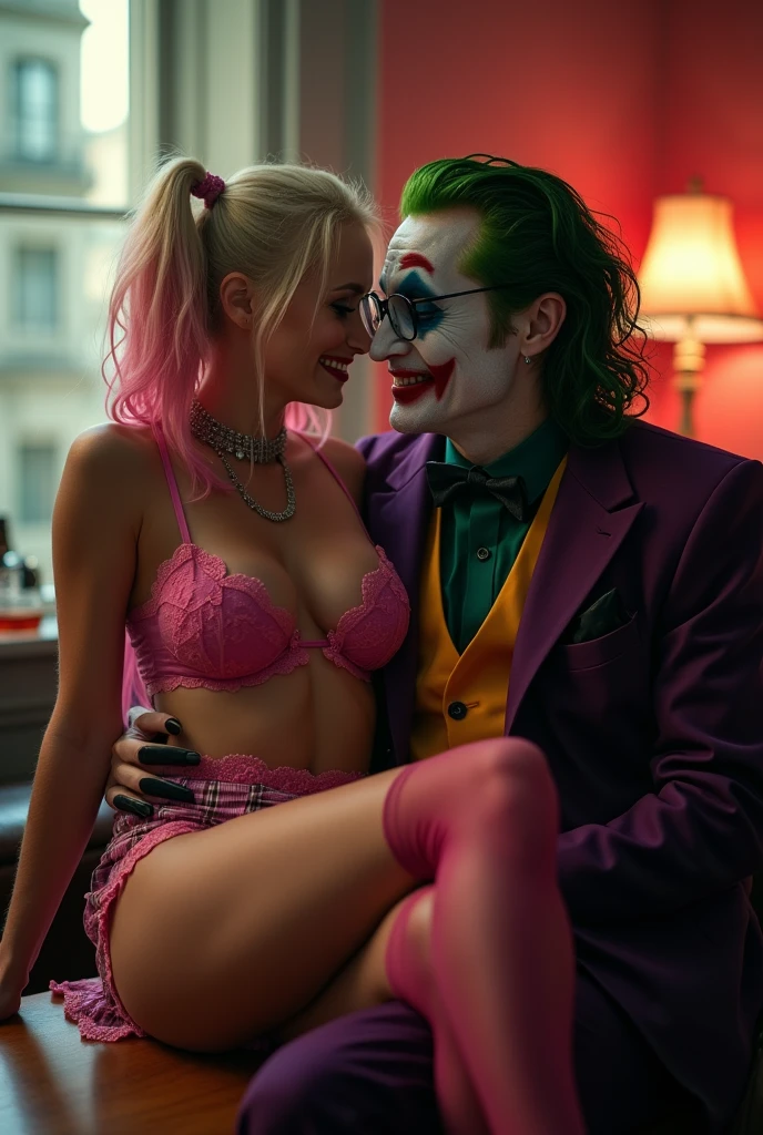 Cinematic image of Harley Quinn sitting facing the lap of the colorful-haired Joker with giant breasts almost coming out of her pink lace lingerie, she has thick thighs and a giant ass.