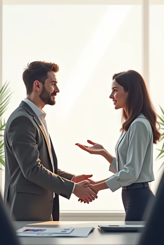 they are shaking hands in a meeting room with a man in a suit, very sad, eye - contact, eye-contact, shaking hands, professional artwork, jovana rikalo, in the background, making eye contact, you felt the edge again, complaints, smug expression, ad image, instagram post, no words, very professional, motivational, hand over mouth