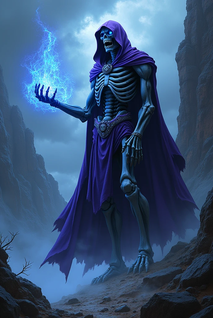 a dark runic skeleton lich, black gold skeleton, magical void energy, glowing eyes,holding a long staff with two skelly hand, casting a spell, energy cracking, bone hand, dressed in a luxury cloak, astral skulls floating around, earth and rock floating with energy as the lich hold, Detailed glowing runic line floating around, bones and skulls lays on the ground, dark purple energy, floating in the air, energy chain, magic circle on the ground