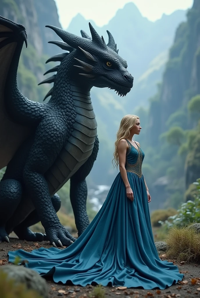 woman in blue dress standing next to dragon, 4K detail fantasy,Blonde hair, A complex fantasy of reality, realistic fantasy rendering, fantasy style 8 k octane render, Surreal fantasy art, 4k fantasy art, queen of dragons, Detailed fantasy art, Unreal Engine fantasy art, elegant fantasy art, Realistic fantasy artwork, Realistic fantasy illustrations