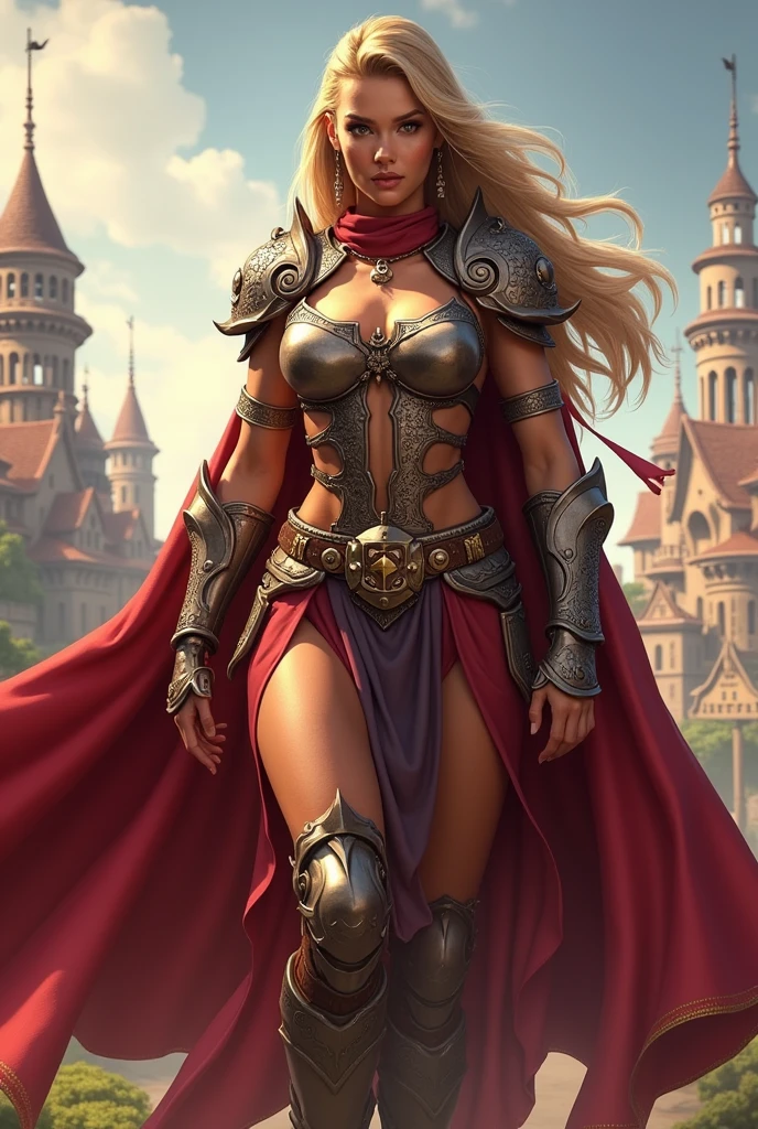 (((mulher))), (((melhor qualidade))), (((obra prima))), (((adulto))), Uma mulher gladiadora loira, of 30 years with athletic body, arabic , capuz, (((sozinho))), (((1girl))) , Gladiadores do Brooklyn, quase nua no estilo selvagem urbano de Simon Bisley para a capa da revista Heavy Metal, cabelos moicanos, pose sensual, tiny leather panties, , Minimum clothing, black and red arabesque pattern, armadura, cheio de pontas e estrelas, (((do joelho pra cima))), mohawk hair with small braids, explosion of colors, Wowdk