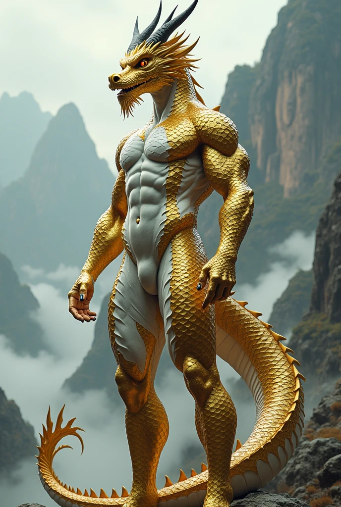 Realistic and magnificent golden Chinese dragon with glowing eyes。The body is long like a snake.。The face is facing the sky and the figure is posing powerfully as if trying to climb up... Stretch Download