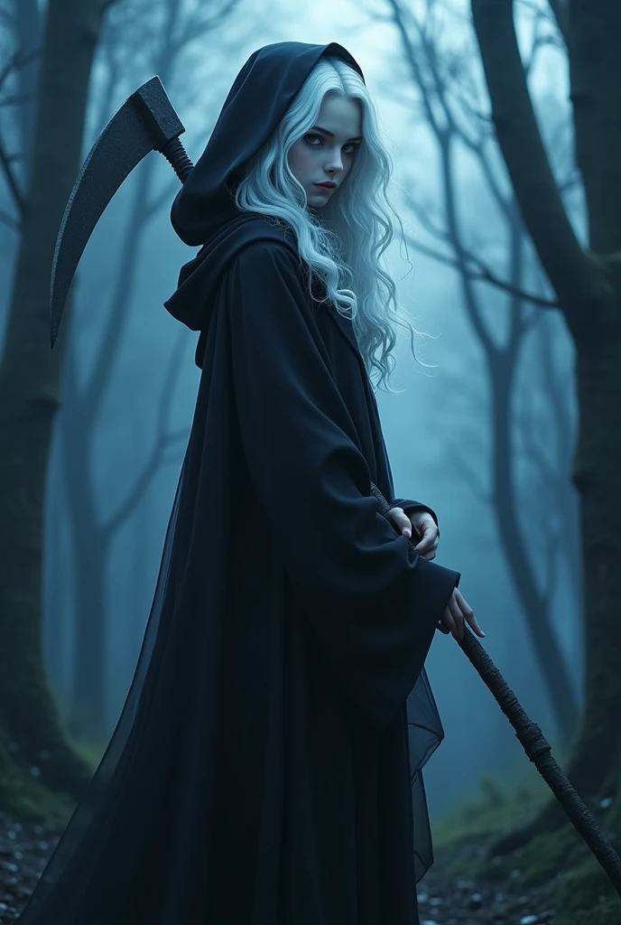 a female grimm reaper warrior, dark hooded robe, scythe weapon, gothic fantasy, intricate details, dark moody lighting, dramatic pose, intense glowing eyes, detailed facial features, long flowing hair, dark shadowy background, photorealistic, 8k, highly detailed, cinematic, dramatic lighting, dramatic atmosphere, striking pose