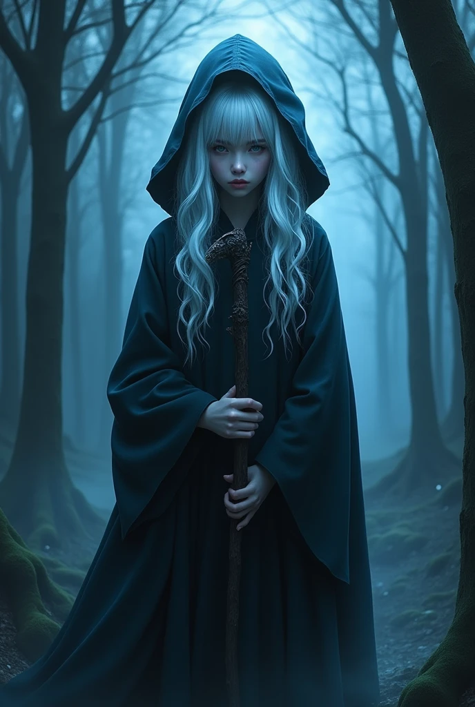 Create a surreal and psychologically unsettling creature that instills fear not because it is terrifying, but due to its uncanny appearance. The creature has the body of a very pale girl. The head should be unnervingly realistic, with vibrant, white hair and a slanted eyes that seem to watch with an almost sentient awareness. The body should be slightly distorted in a way that feels unnatural, adding to the discomfort. The creature body obscured by the shabby grey robe, should be slightly distorted in a way that feels unnatural, adding to the discomfort. The creature holds a rusty knife full of dripping blood. The setting is an eerie, dimly lit forest where the creature is blending into the shadows, creating an unsettling atmosphere that plays on the viewer's mind