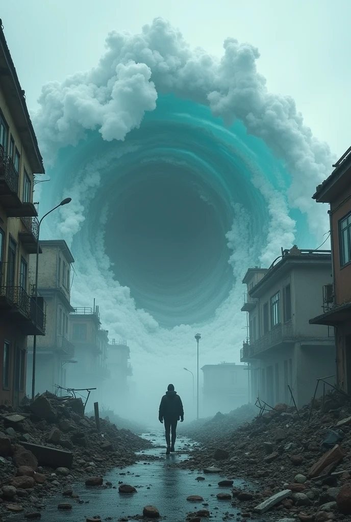 jovem mulher linda com cabelos ruivo e casaco com capuz levitando de corpo inteiro em frente a um tornado