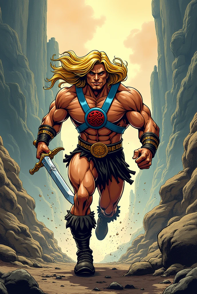 Arafed image of a man with a sword on a rocky surface, pintura retrato de ele - homem, retrato de he - homem, ele - homem, He-Man, He is very muscular and injuries body - man!!!!!, He-Man!!!!!, He-Man com um jeito sombrio, inspirado em Joe Jusko, Directed by: Tim Hildebrandt, Marcos Brooks Frank Frazetta