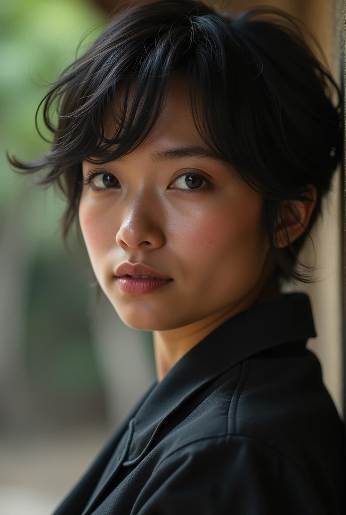 Thai,fat,Short Hair Hair,dive,Bright blue eyes,detailed face,The complex, contrasting background of Nan city,hyperrealistic,high-detail,Cinematic lighting,
realistic photo,documentary film frame,Realistic lighting,Realistic effects,Sepia,