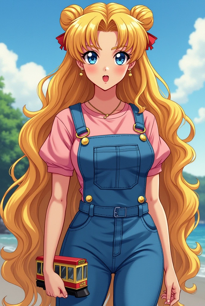 Serena, a beautiful 25-year-old woman with very long golden hair like rays of sunshine, tied in two pigtails in the shape of little sticks , her fringe split in half falling on her forehead , blue eyes , red and sensual lips, smile, beautiful curvaceous body ,firm ,average height, dressed in a blue denim jumpsuit and short sleeve pink blouse , she has a toy train and a hammer in her hands ,almost realistic type , 90s anime style (sailor moon) xxx for adults