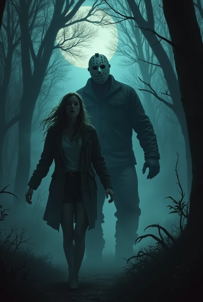 Jason Voorhees- A winter scene covered in snow, with tall, barren trees in the background, without leaves and with extended branches.
- A gray and gloomy sky with soft, diffused light, creating a tense and ominous atmosphere.
- A large and imposing human figure dressed in a long, dark coat, tattered and torn clothes, giving a worn and threatening appearance.
- The figure wears a dirty and damaged hockey mask, with rough and worn-out features.
- The figure holds a severed head of a woman in the right hand, with long, dark hair hanging down, the woman's expression being peaceful and expressionless.
- The snow around shows deep and irregular footprints, indicating the recent movement of the figure.
- The entire scene conveys a sense of intense cold, desolation, and terror.
- Vibrant or saturated colors.
- Presence of other figures or creatures in the image.
- Fantastical or unrealistic elements like magic or supernatural creatures.
- Bright or sunny environment.
- Exaggerated facial expressions on the severed head.
- Cartoonish or anime style details.