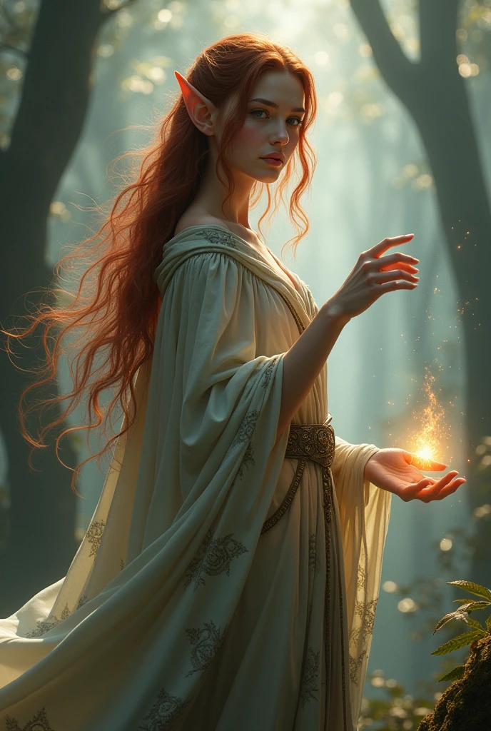 Red-haired elf manipulating threads of magical light with her fingers