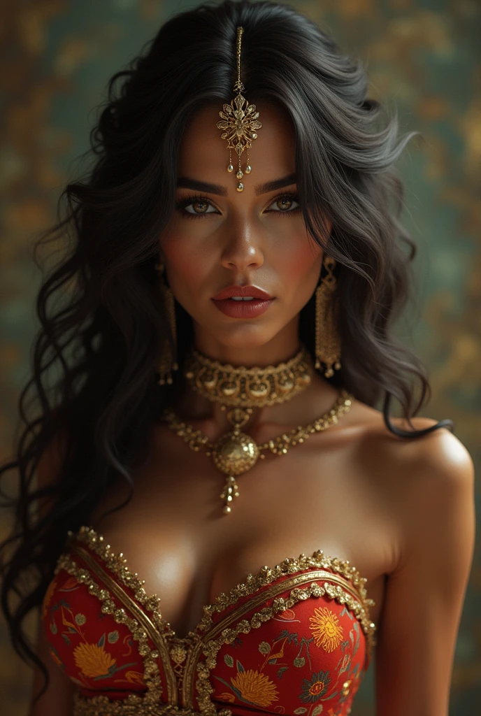 a bindi in the center of the forehead, beautiful royal temple, jewelry, gem, necklace, gold bracelet, anklets, thick lips, hands on lips, skindentation, lips half-open, (detailed eyes), (seductive pose), ulzzang-6500-v1.1, (large breasts:1.2)