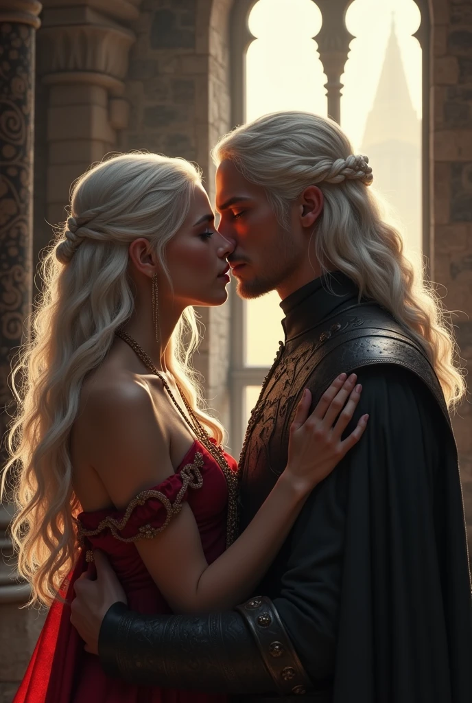 Romantic Couple, in the throne room, scar on eyes, Messed up hair, a Targaryen and a Lannister, Jaime Lannister and Daenerys Targaryen, Crowns, kissing