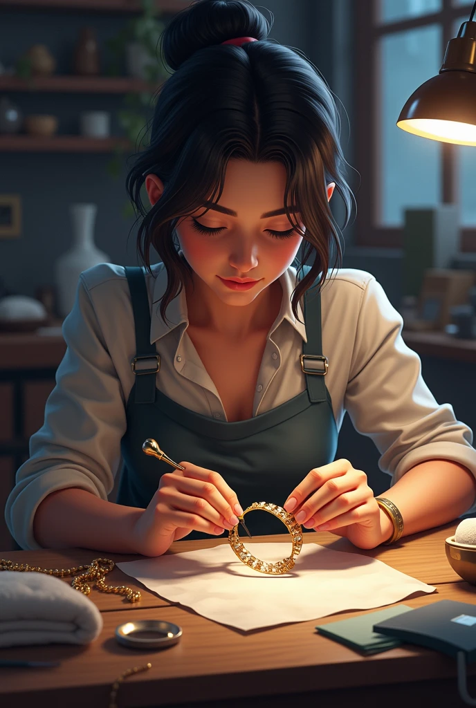 Image for business, wherever based on art ,to digital drawing, artisanal ,Handles ,bracelet ,necklaces , where a woman's creativity is expressed , where the woman is mestiza , short hair,with a background watermark that says LILUART