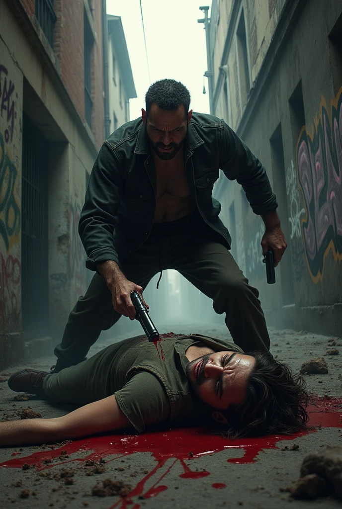 A man lying on the ground and a woman sitting on top of him stabs a wounded man with a knife