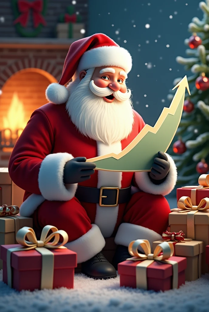 create me a image of santa looking at the Ascending chart with gifts around him