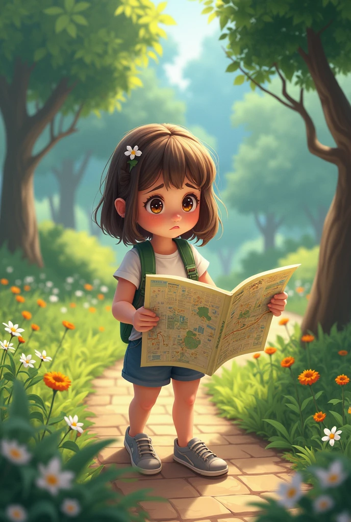 A little girl stands at the entrance of the forest、He is shown holding a map showing the path to the Wizard Forest.。