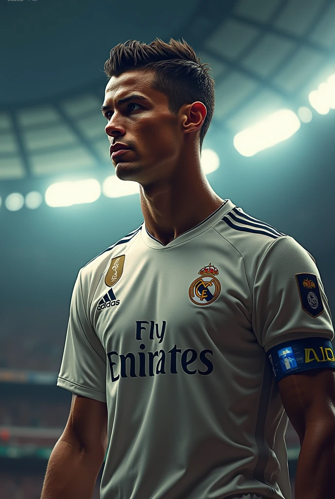 Photorealistic, 64K, A realistic christiano ronaldo [wearing real madrid soccer jersey number 7 ], standing up celebrating his goal, perfect fingers