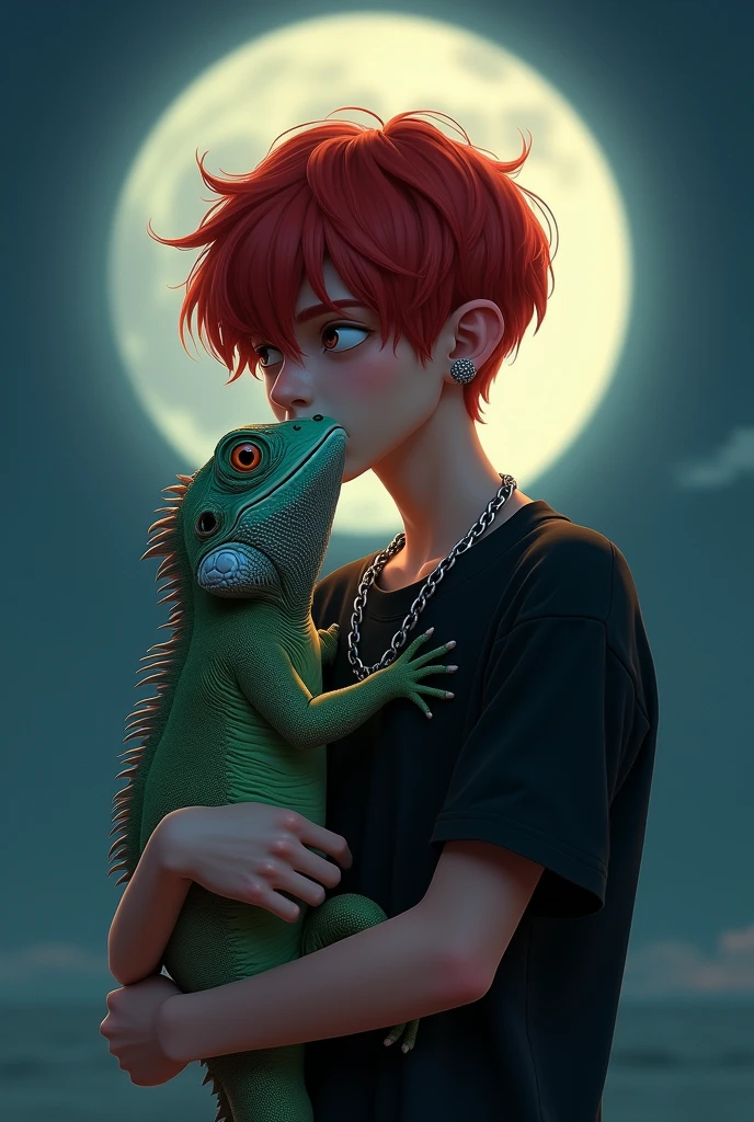 A boy in a black shirt with red hair and silver chains carrying his little baby iguana under the red moon looking into each other's eyes