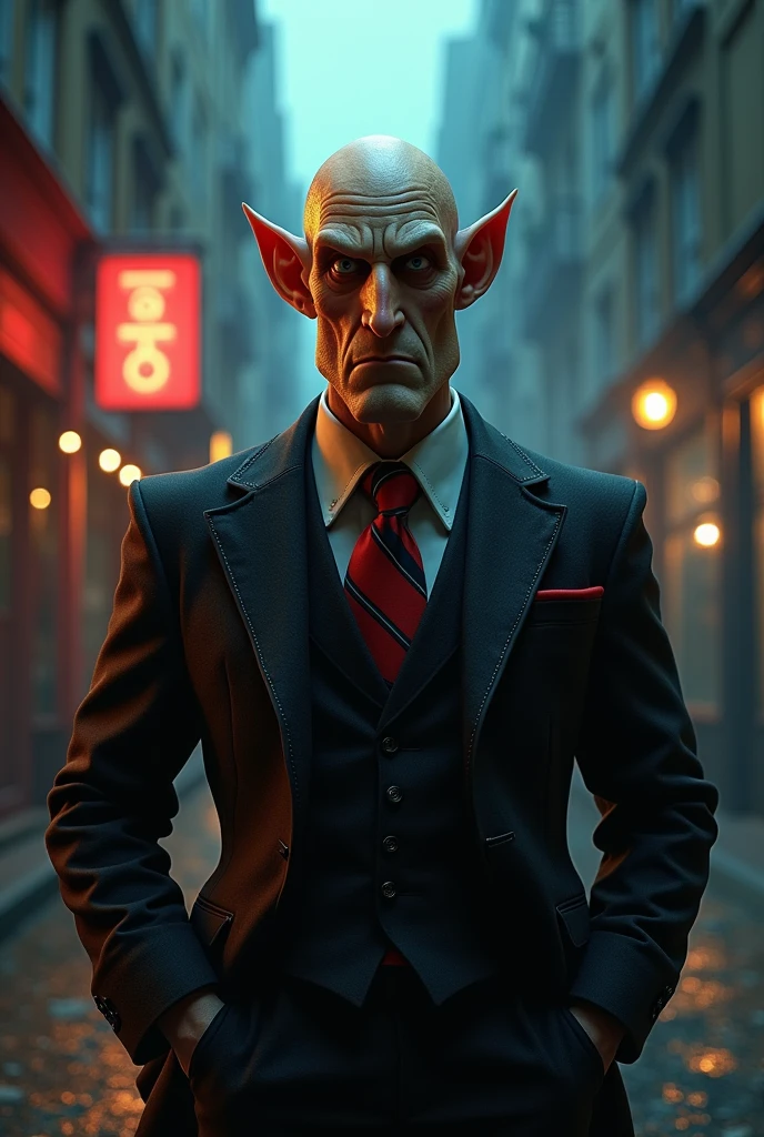 Nosferatu, in present times, wearing a modern suit, looking at a tombstone, full moon night, high tombstone, in front of a cathedral, heavy rain