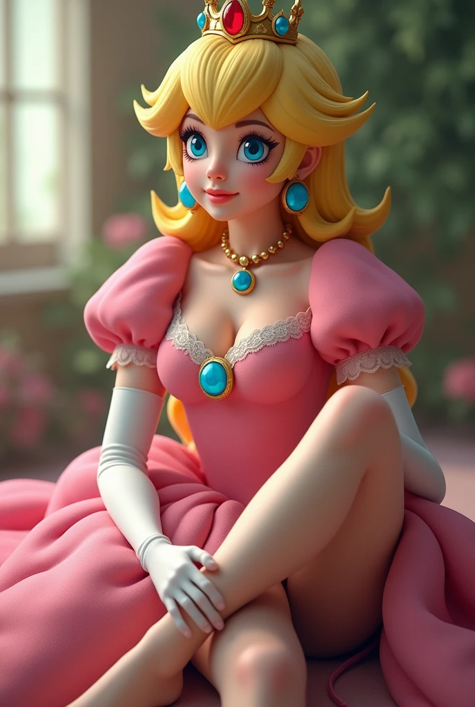 I want princess peach from super Mario to be sitting on the couch extending her legs and feet towards the screen, wearing nylons With her heels sitting to the side