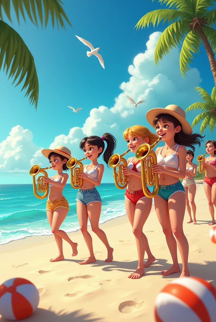 Four women in short skirts playing saxophone on the beach they have bikini tops on