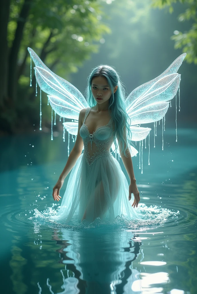 beautiful fairy sitting on rocks in the middle of a beautiful waterfall, big wings, crystal clear water, super delicate details 