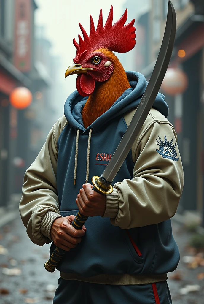 A rooster that does not have human hands, with tactile, razor-sharp wings in a fighting pose, with several battle scars, ninja clothes and golden spike, smoking a cigarette, with a long wooden cigarette holder, surrounded by smoke, of smoke bombs 
