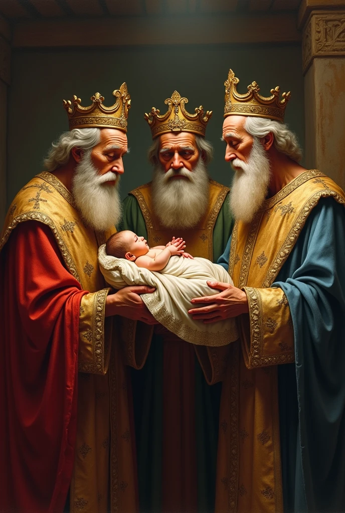 Create an epic looking video clip where the Three Wise Men are offering gifts to Baby Jesus, Mary and Joseph in the Nativity scene. Mary, Joseph and Baby Jesus are very beautiful. Baby Jesus looks at the Three Wise Men and looks at the offered gifts and smiles happily. The Three Wise Men of Christmas. They are three very handsome and handsome young kings with beards. They are looking at Baby Jesus with a look of admiration, with a kind gesture, showing confidence, power and showing respect to Baby Jesus. They have very luxurious suits and warrior armor. They have crowns. The first of the three Kings has white hair and beard and is of Norwegian appearance. The second of the three Kings has black hair and black beard and is of Iranian/Persian appearance. The third King is a handsome and bearded young African man. Epic comic style of dark fantasy medieval warrior.