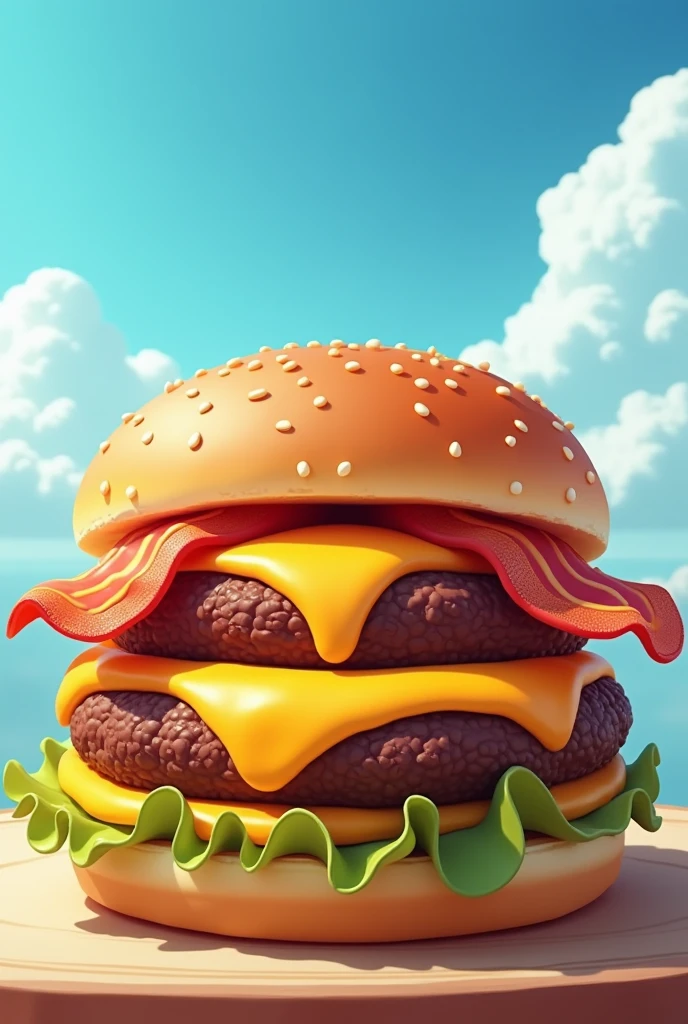 A logo of a meat burger with cheddar cheese on hamburger bread and a blue background with clouds simulating the sky without lettuce and with bacon 